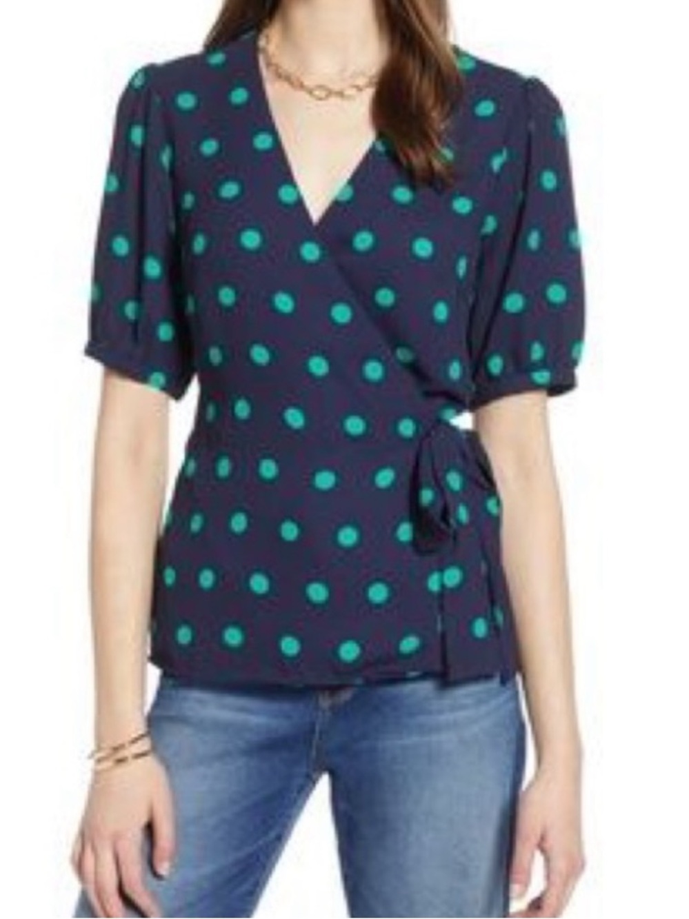 Halogen navy blue polka dot wrap top. Size XS.